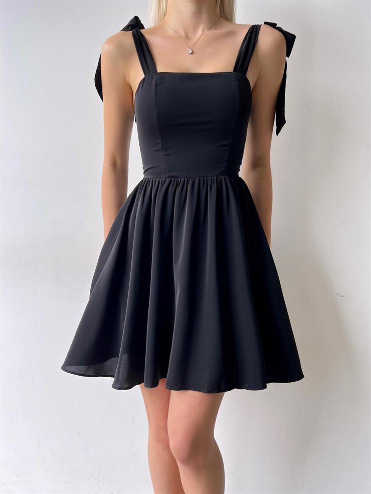 Kare Yaka Bağlamalı Kalın Askı Margo Kadın Siyah Mini Elbise 23Y000160