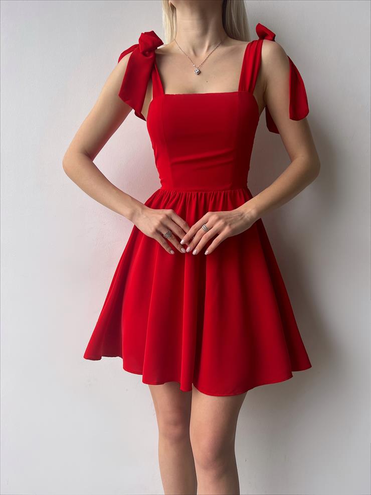 Kare Yaka Bağlamalı Kalın Askı Margo Kadın Kırmızı Mini Elbise 23Y000160