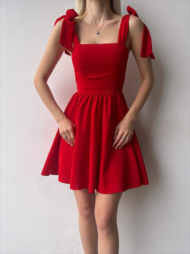 Kare Yaka Bağlamalı Kalın Askı Margo Kadın Kırmızı Mini Elbise 23Y000160