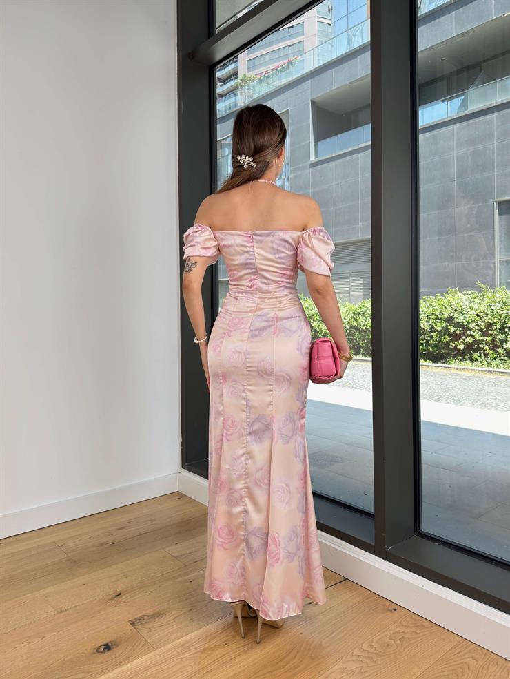 Kare Yaka Balon Kol Angelika Kadın Pembe Saten Elbise 24Y517