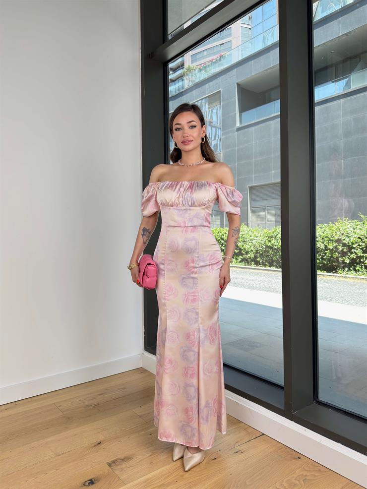 Kare Yaka Balon Kol Angelika Kadın Pembe Saten Elbise 24Y517