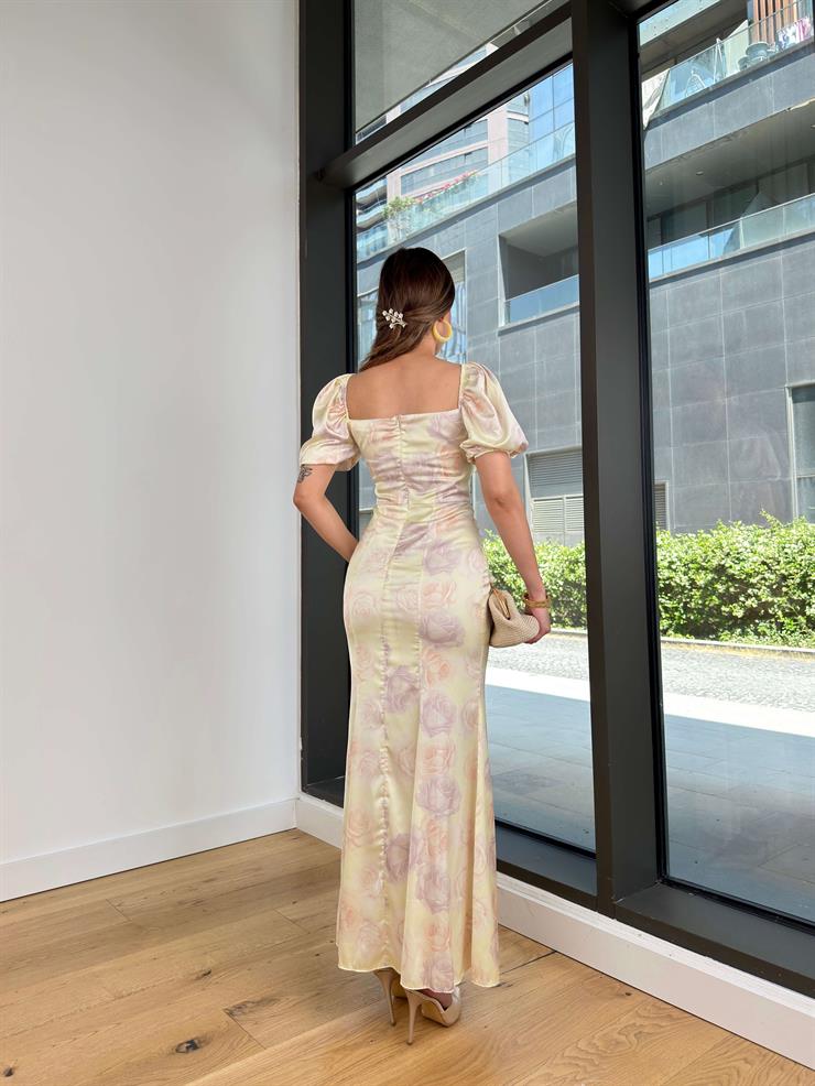 Kare Yaka Balon Kol Angelika Kadın Somon Saten Elbise 24Y517