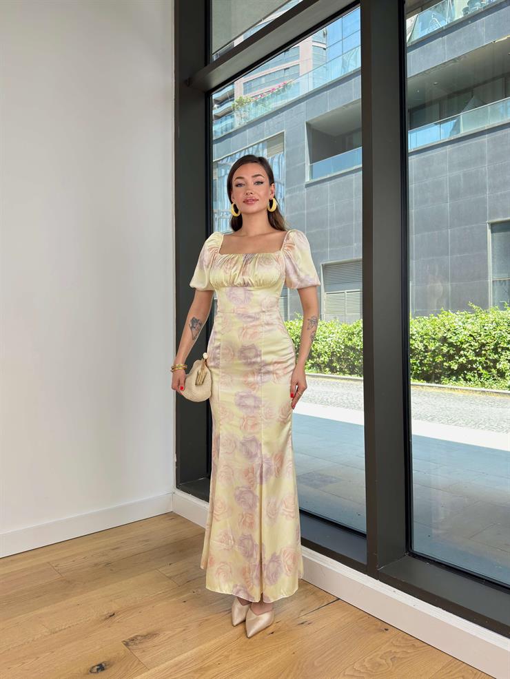 Kare Yaka Balon Kol Angelika Kadın Somon Saten Elbise 24Y517