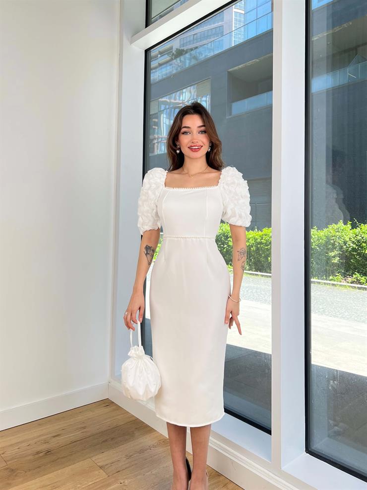 Kare Yaka Balon Kol İnci Detaylı Dael Kadın Beyaz Midi Elbise 24Y512