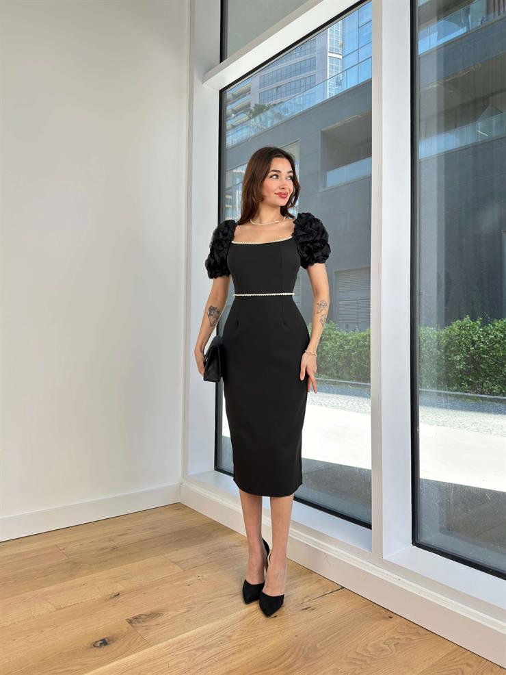 Kare Yaka Balon Kol İnci Detaylı Dael Kadın Siyah Midi Elbise 24Y512