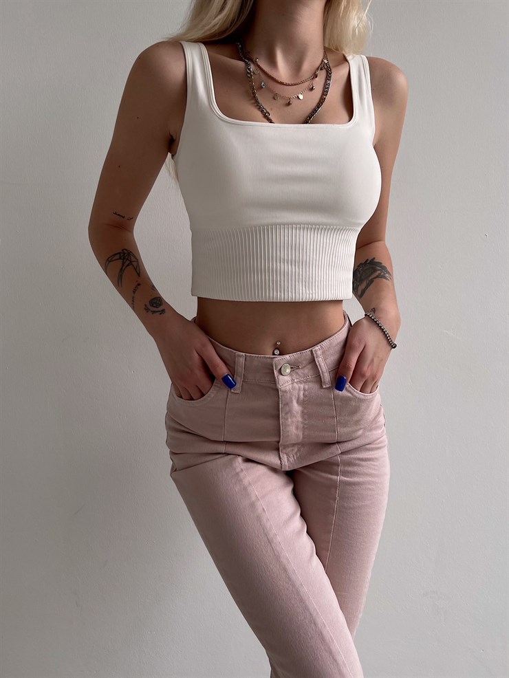 Kare Yaka Beli Lastikli Devon Kadın Beyaz Crop 22K000626