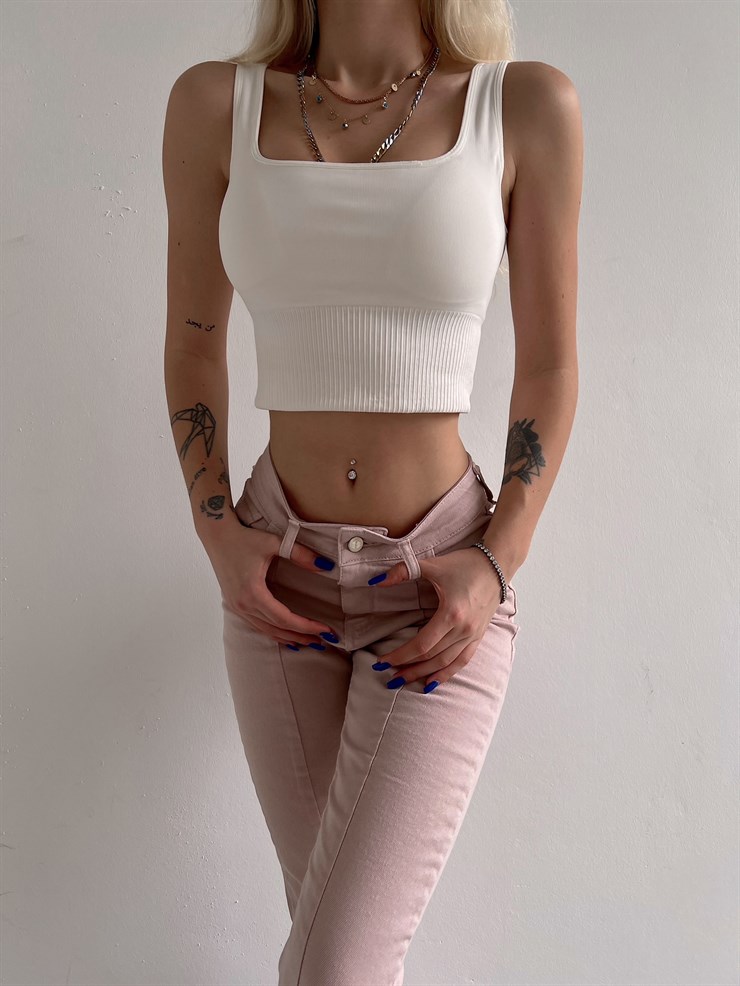 Kare Yaka Beli Lastikli Devon Kadın Beyaz Crop 22K000626