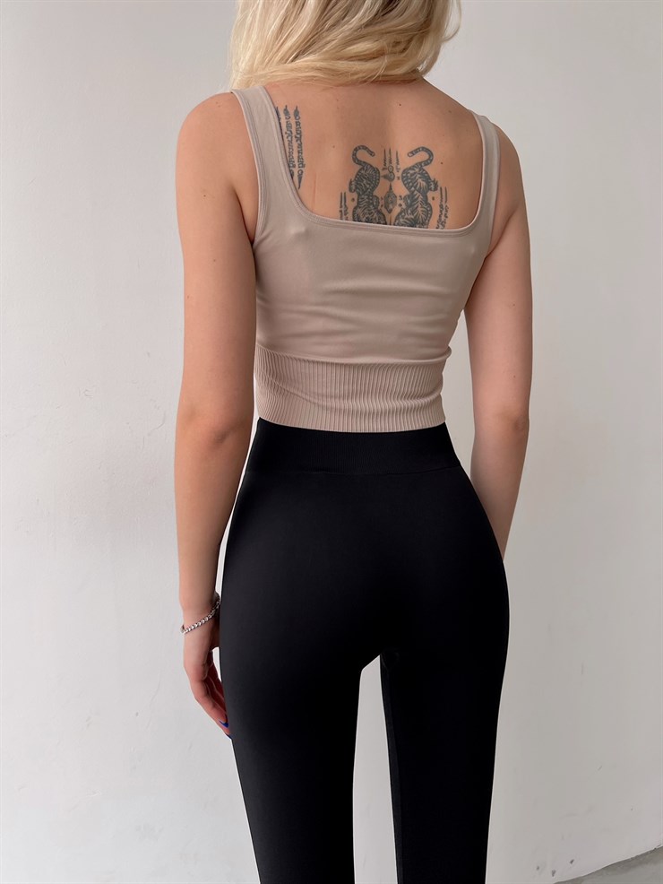 Kare Yaka Beli Lastikli Devon Kadın Vizon Crop 22K000626