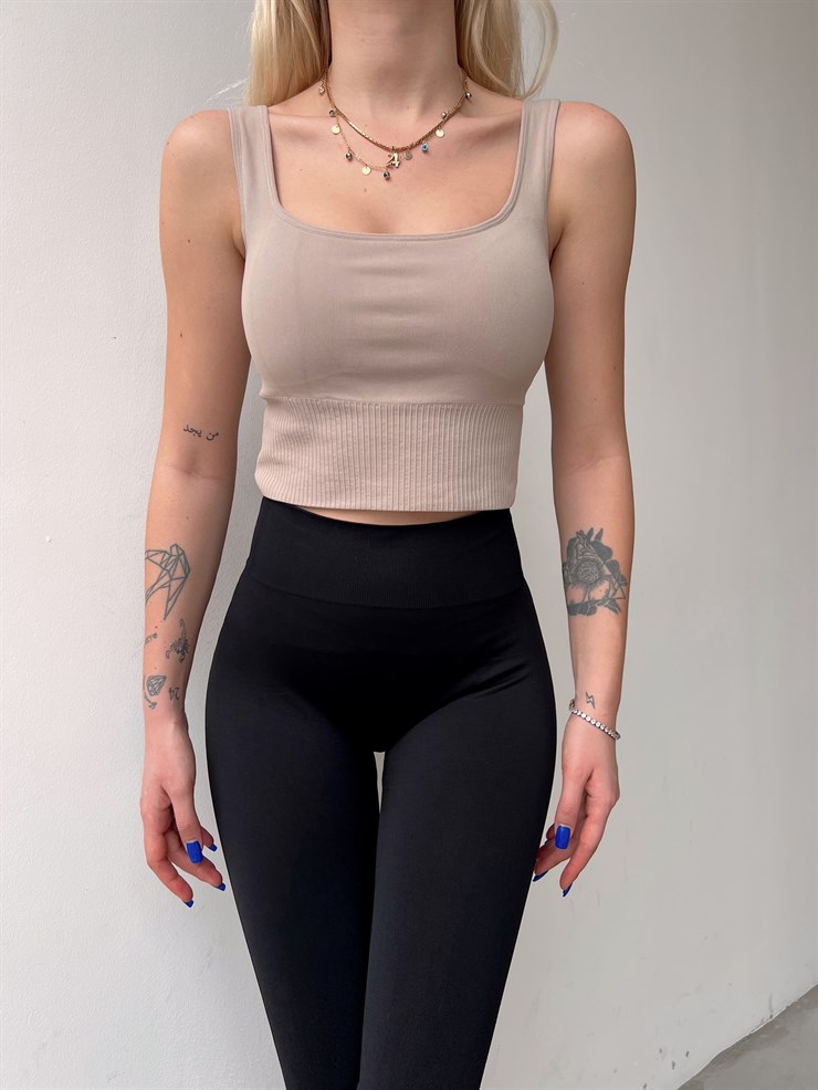 Kare Yaka Beli Lastikli Devon Kadın Vizon Crop 22K000626