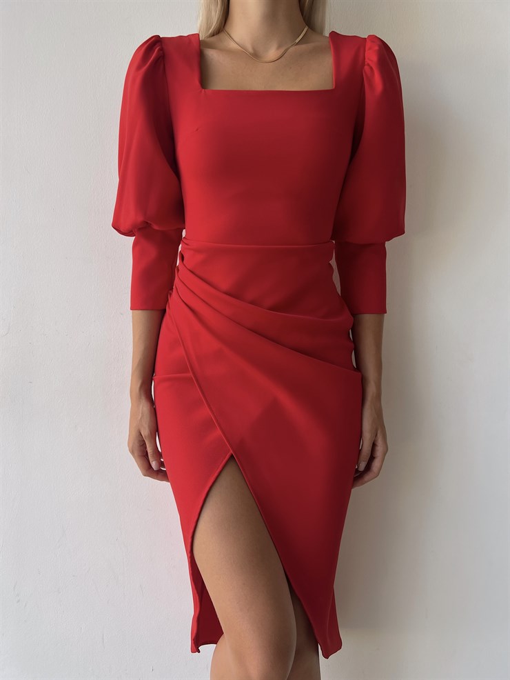 Kare Yaka Drapeli Yarım Balon Kol Etek Kısmı Kruvaze Kesim Leola Kadın Kırmızı Elbise 22Y000506