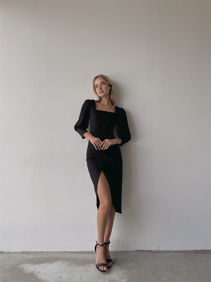 Kare Yaka Drapeli Yarım Balon Kol Etek Kısmı Kruvaze Kesim Leola Kadın Siyah Elbise 22Y000506