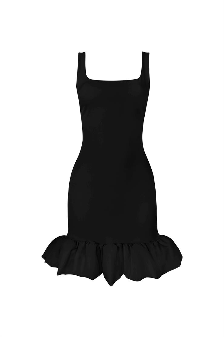 Kare Yaka Kalın Askılı Eteği Volanlı Milanda Siyah Kadın Mini Elbise 25Y202