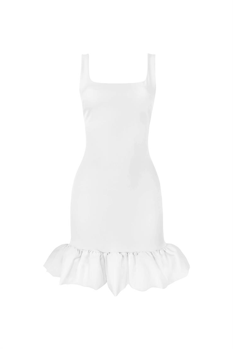 Kare Yaka Kalın Askılı Eteği Volanlı Milanda Beyaz Kadın Mini Elbise 25Y202