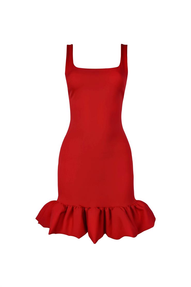 Kare Yaka Kalın Askılı Eteği Volanlı Milanda Kırmızı Kadın Mini Elbise 25Y202