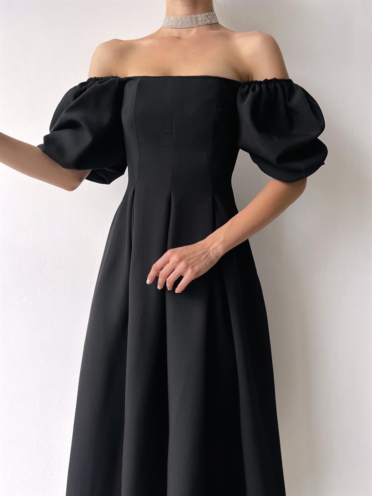 Kare Yaka Kısa Balon Kol Belden Oturtmalı Brice Kadın Sİyah Elbise 23Y000150