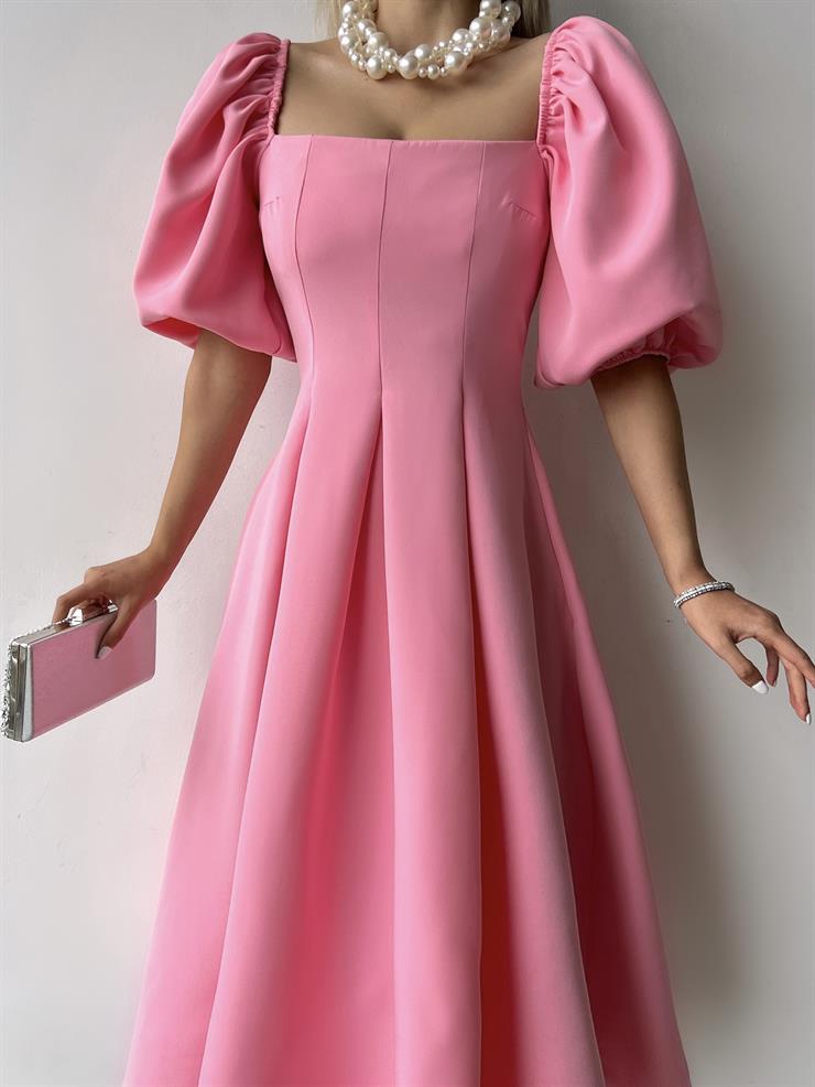 Kare Yaka Kısa Balon Kol Belden Oturtmalı Brice Kadın Pembe Elbise 23Y000150