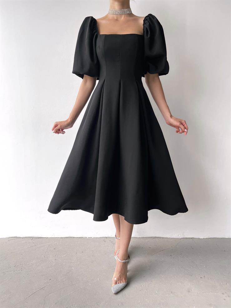 Kare Yaka Kısa Balon Kol Belden Oturtmalı Brice Kadın Sİyah Elbise 23Y000150