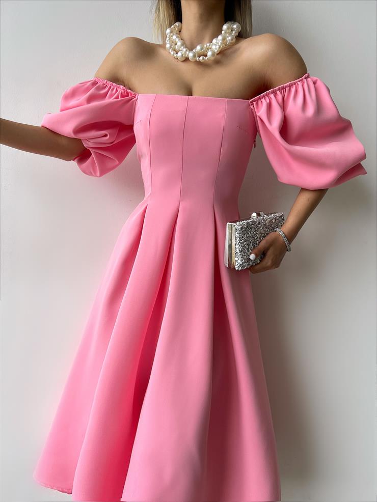 Kare Yaka Kısa Balon Kol Belden Oturtmalı Brice Kadın Pembe Elbise 23Y000150