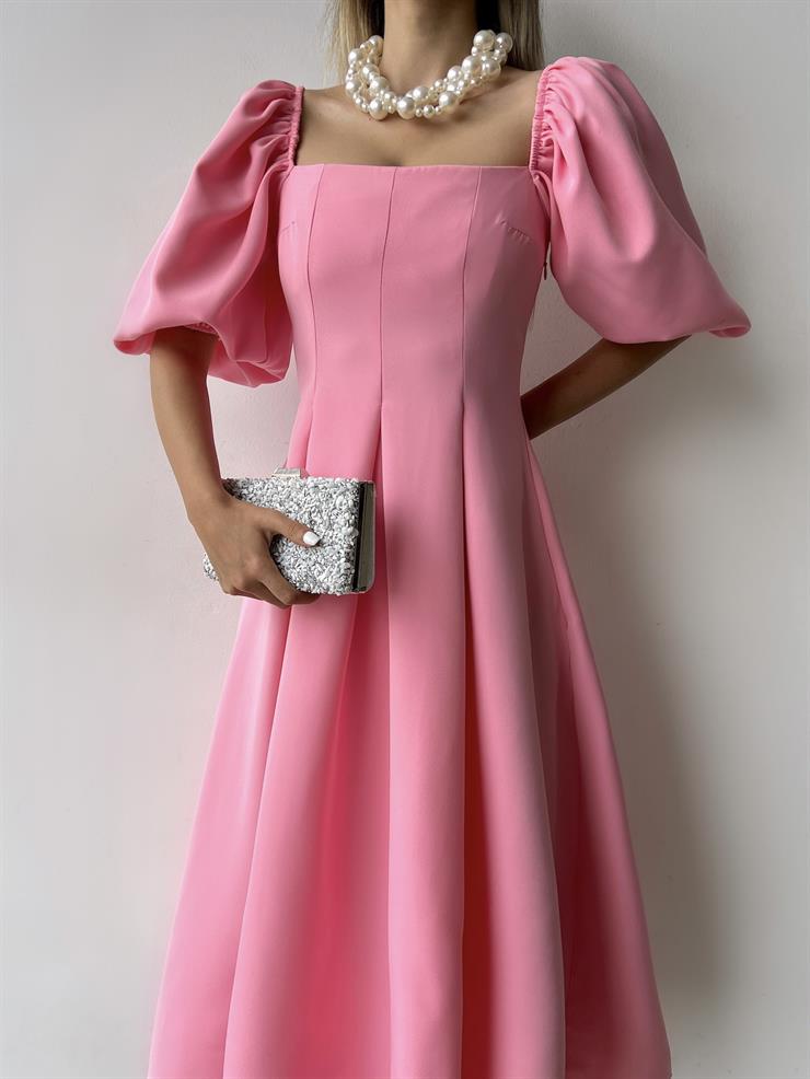 Kare Yaka Kısa Balon Kol Belden Oturtmalı Brice Kadın Pembe Elbise 23Y000150