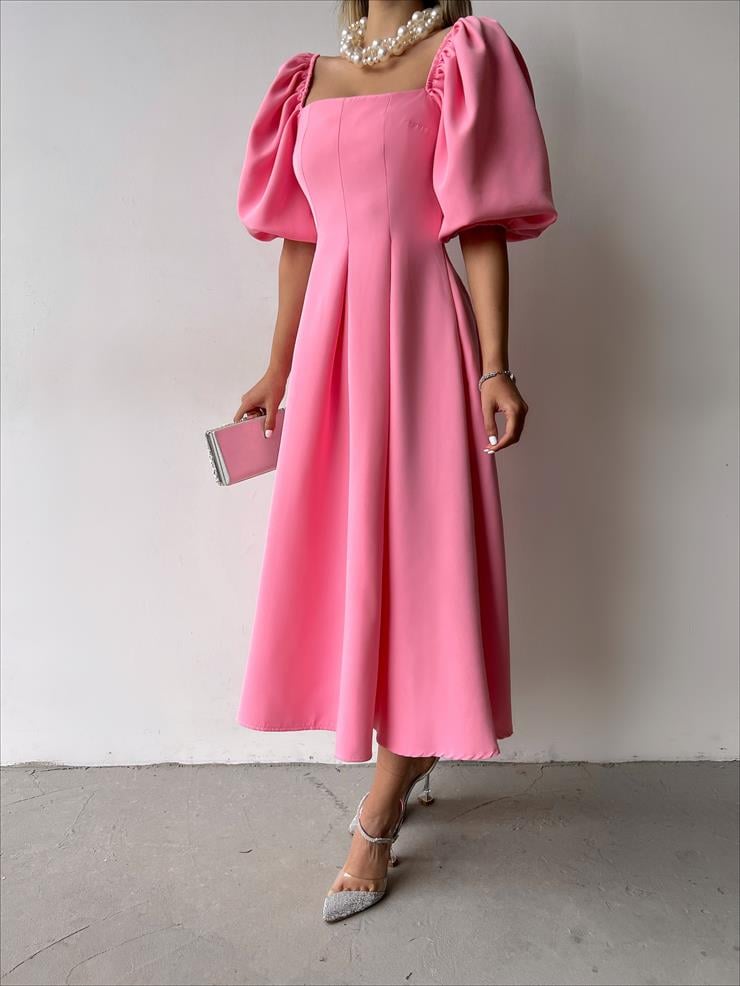 Kare Yaka Kısa Balon Kol Belden Oturtmalı Brice Kadın Pembe Elbise 23Y000150