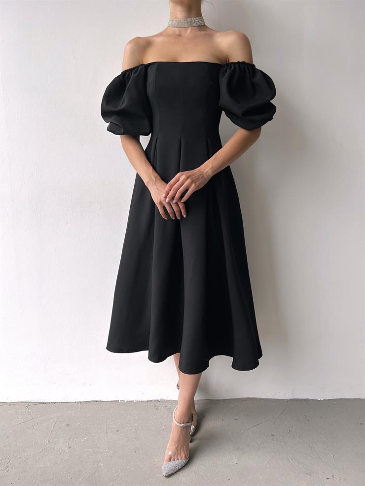 Kare Yaka Kısa Balon Kol Belden Oturtmalı Brice Kadın Sİyah Elbise 23Y000150