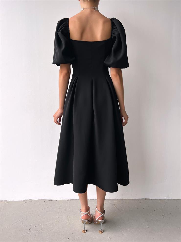 Kare Yaka Kısa Balon Kol Belden Oturtmalı Brice Kadın Sİyah Elbise 23Y000150