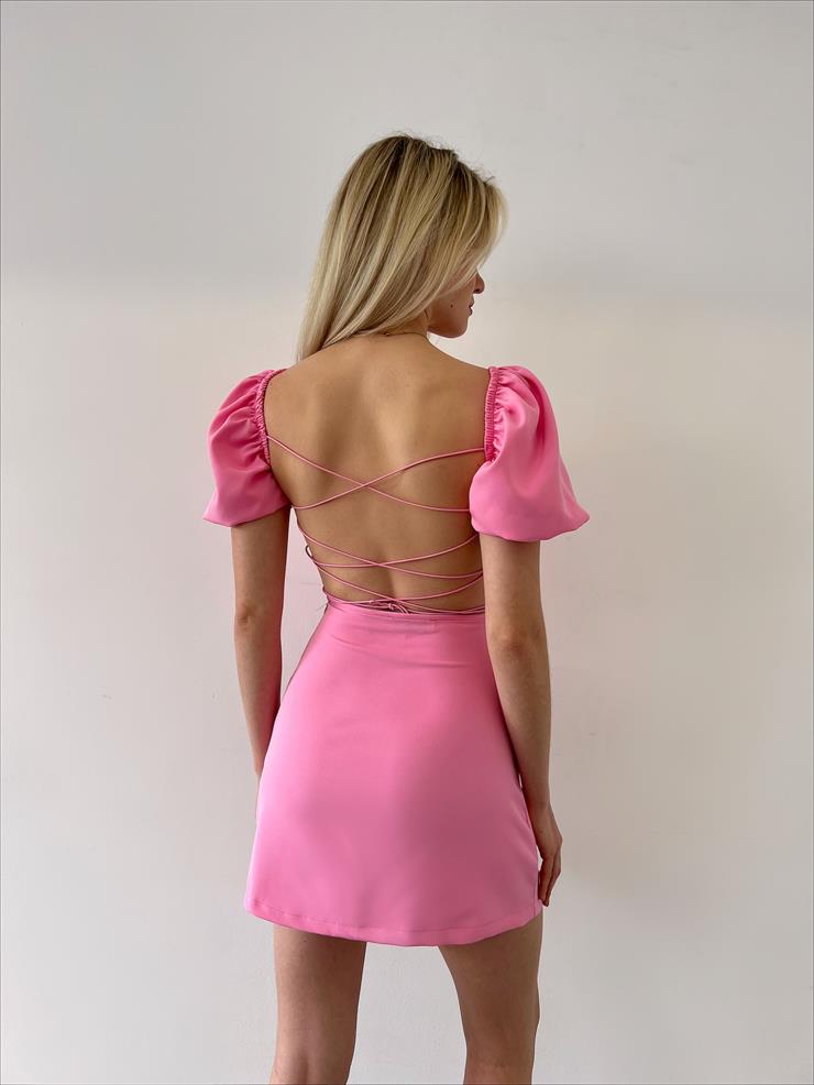Kare Yaka Kısa Balon Kol Sırt Dekolteli Zenn Kadın Pembe Mini Elbise 23Y000120