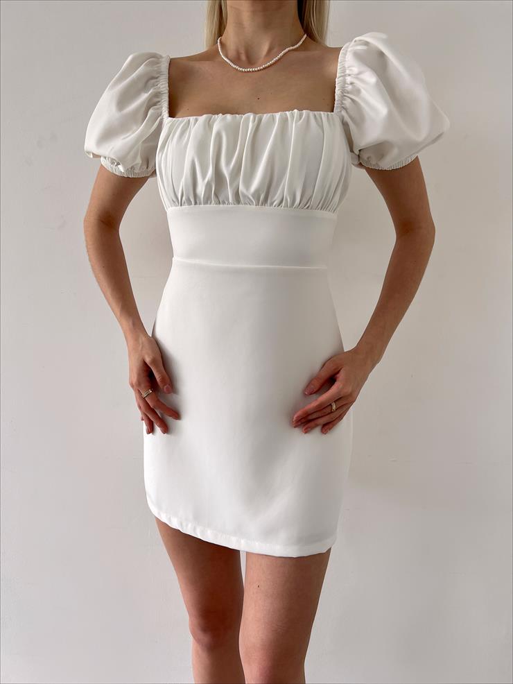 Kare Yaka Kısa Balon Kol Sırt Dekolteli Zenn Kadın Beyaz Mini Elbise 23Y000120