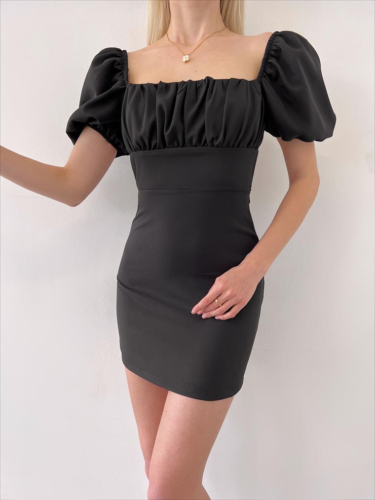 Kare Yaka Kısa Balon Kol Sırt Dekolteli Zenn Kadın Siyah Mini Elbise 23Y000120