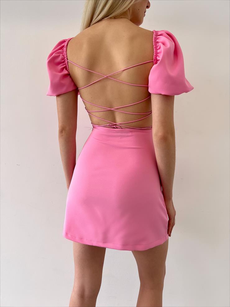 Kare Yaka Kısa Balon Kol Sırt Dekolteli Zenn Kadın Pembe Mini Elbise 23Y000120