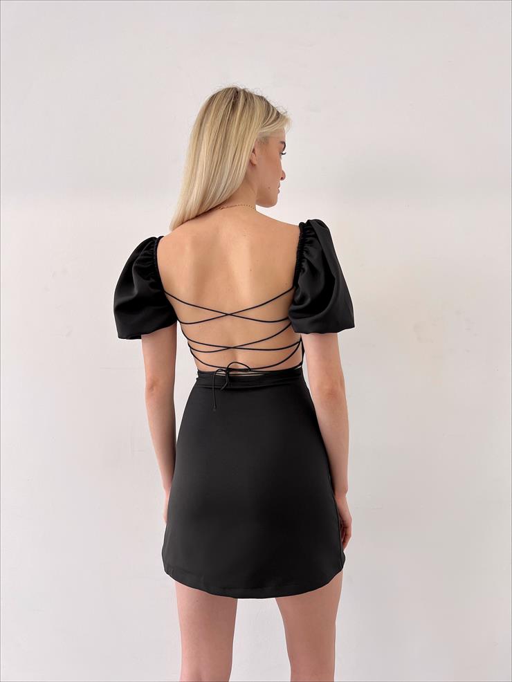 Kare Yaka Kısa Balon Kol Sırt Dekolteli Zenn Kadın Siyah Mini Elbise 23Y000120
