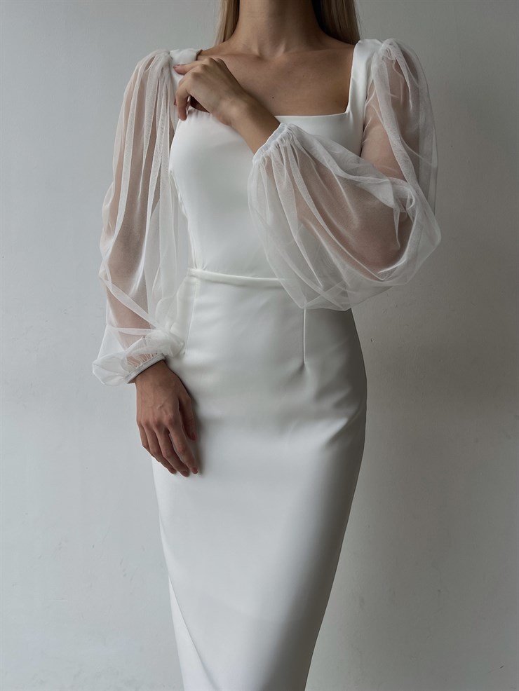 Kare Yaka Kolları Tül Arka Etek Kısmı Yırtmaçlı Jarlan Kadın Beyaz Midi Boy Elbise 23K000097