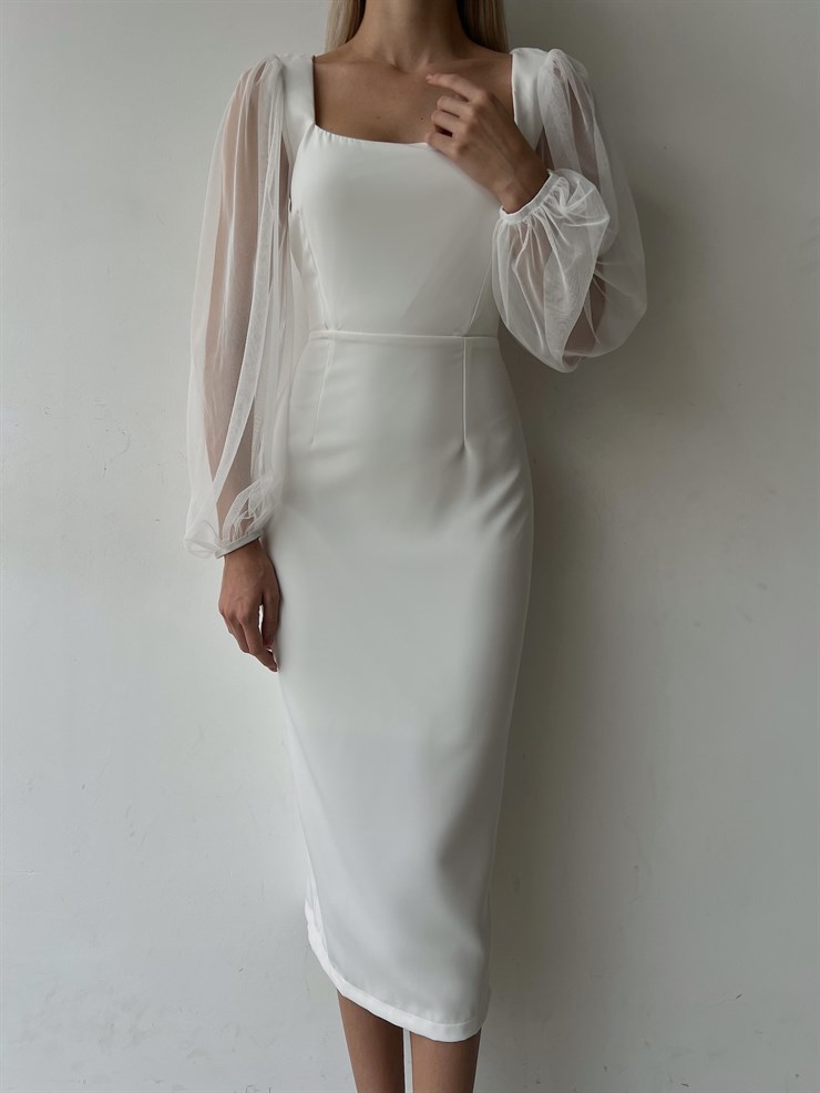 Kare Yaka Kolları Tül Arka Etek Kısmı Yırtmaçlı Jarlan Kadın Beyaz Midi Boy Elbise 23K000097