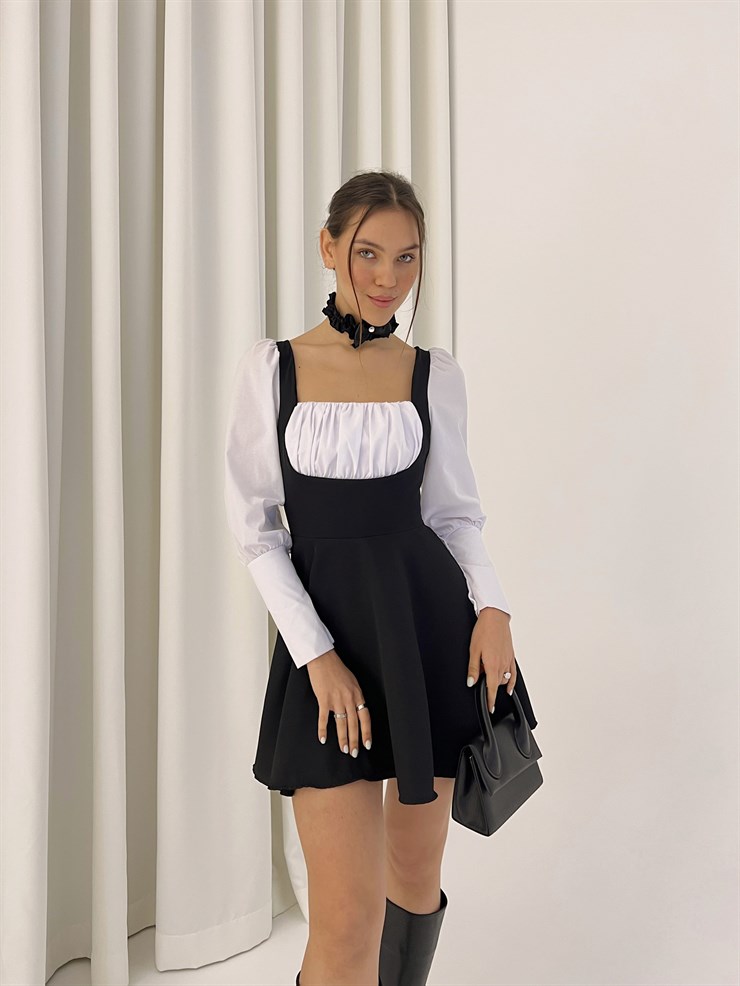 Kare Yaka Manşet Kol Eteği Volanlı Kremlin Kadın Siyah Elbise 23K000401