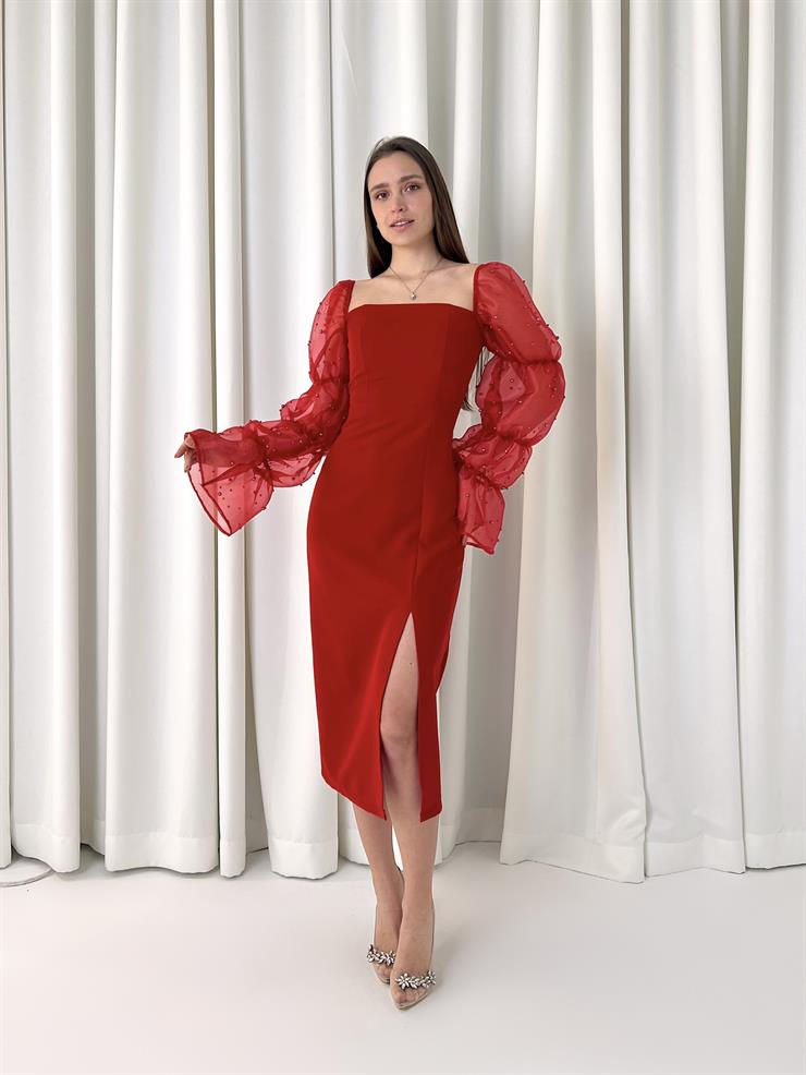 Kare Yaka Omzu Lastikli Uzun Tül Kol Pattern Kadın Kırmızı Midi Elbise Elbise 23K000443