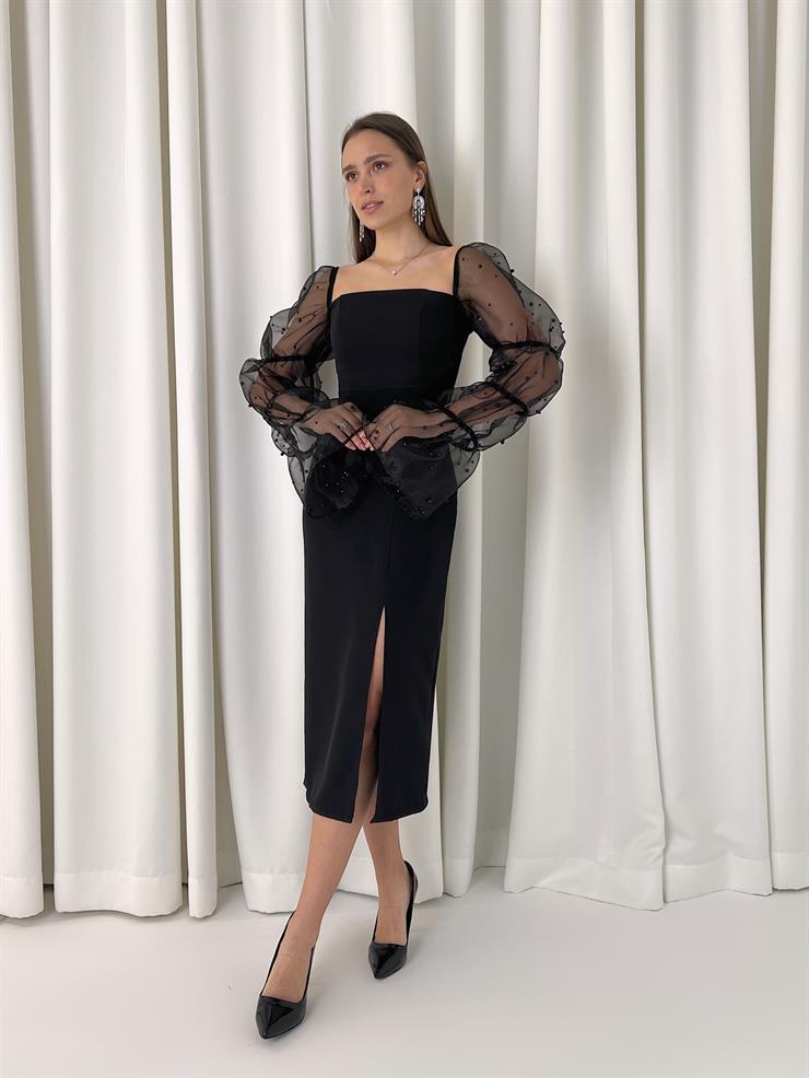 Kare Yaka Omzu Lastikli Uzun Tül Kol Pattern Kadın Siyah Midi Elbise 23K000443