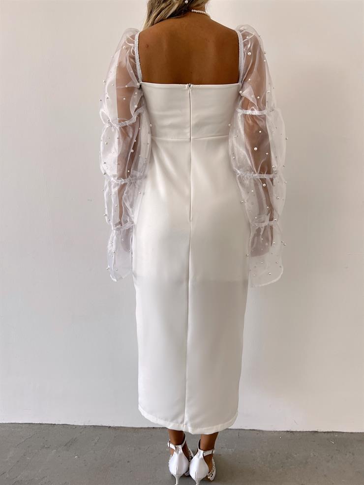 Kare Yaka Omzu Lastikli Uzun Tül Kol Pattern Kadın Beyaz Midi Elbise Elbise 23K000443