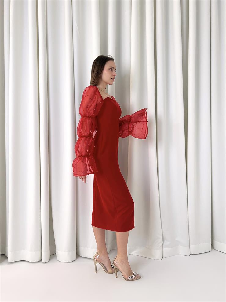 Kare Yaka Omzu Lastikli Uzun Tül Kol Pattern Kadın Kırmızı Midi Elbise Elbise 23K000443