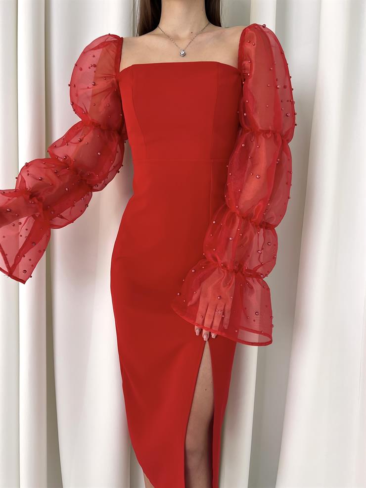 Kare Yaka Omzu Lastikli Uzun Tül Kol Pattern Kadın Kırmızı Midi Elbise Elbise 23K000443