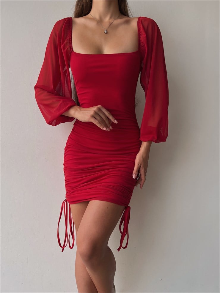 Kare Yaka Uzun Kol Eteği Drapeli Ve Ayarlanabilir Bağcıklı Carl Kadın Kırmızı Elbise 23K000032