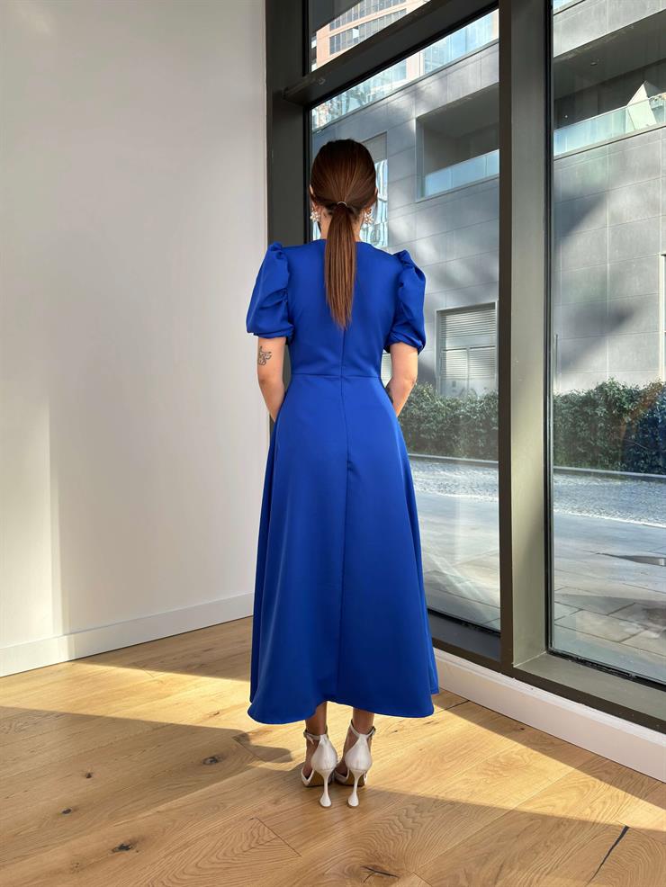 Eteği Volanlı Kısa Balon Kol Kareem Kadın Saks Elbise 24Y085