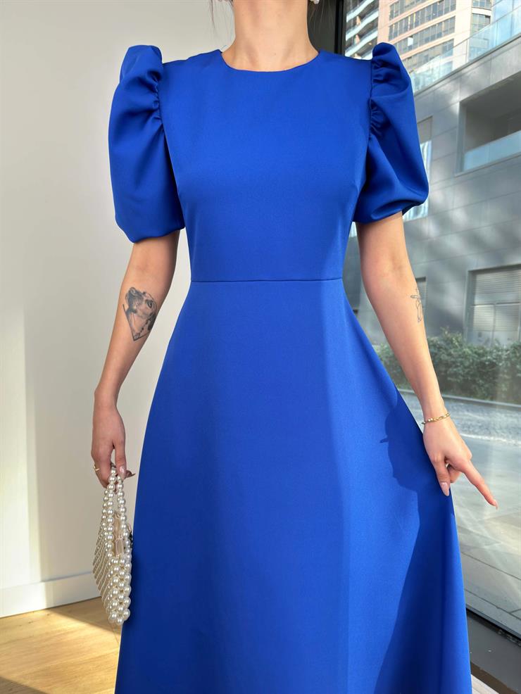 Eteği Volanlı Kısa Balon Kol Kareem Kadın Saks Elbise 24Y085