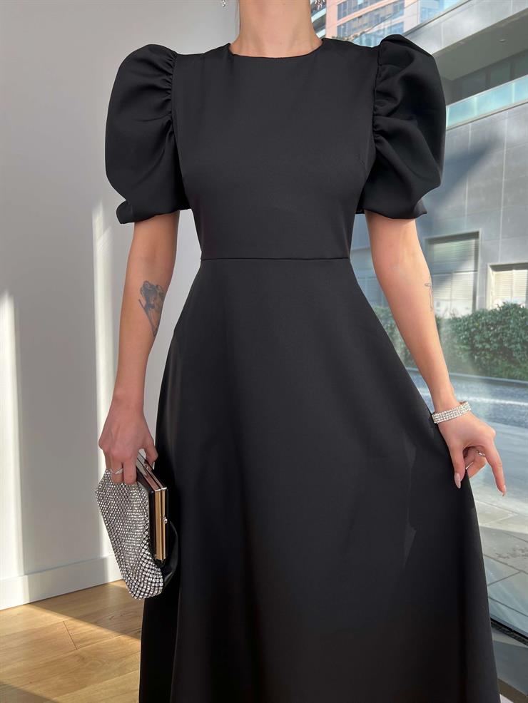 Eteği Volanlı Kısa Balon Kol Kareem Kadın Siyah Elbise 24Y085