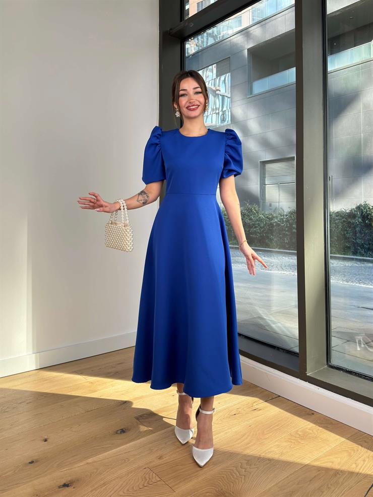 Eteği Volanlı Kısa Balon Kol Kareem Kadın Saks Elbise 24Y085