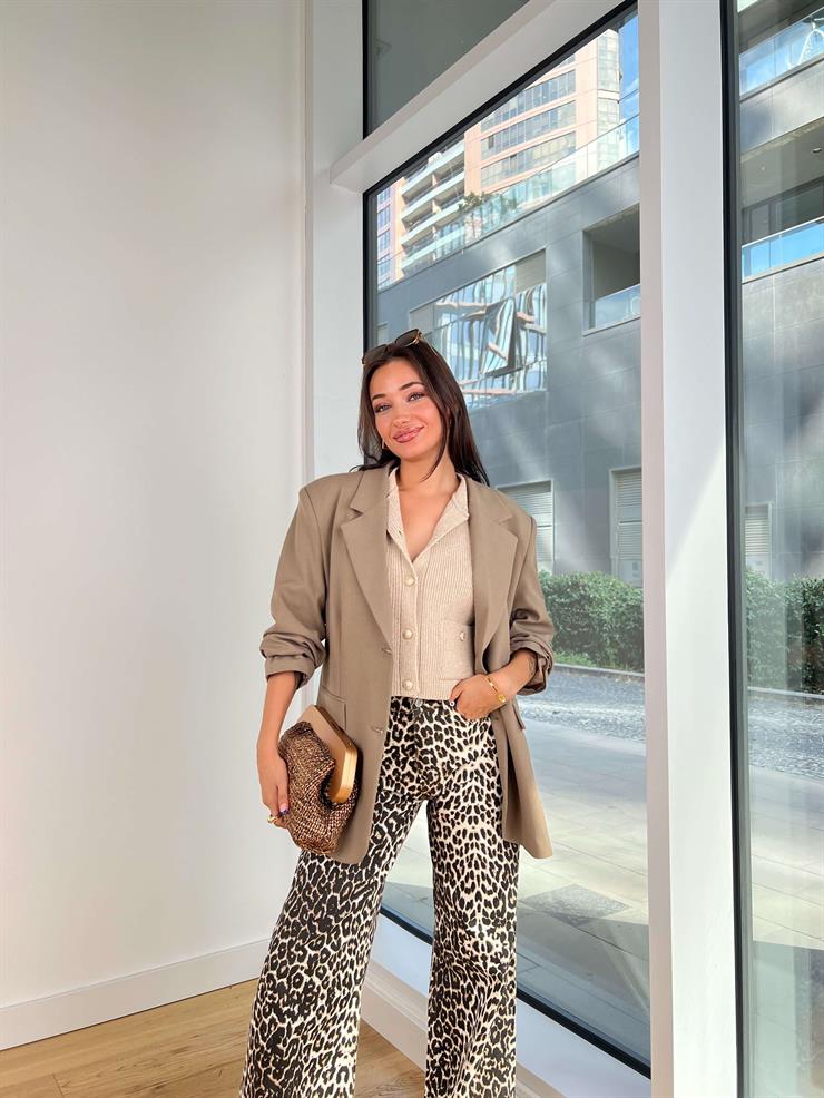 Omuz Vatkalı Önü Düğme Kapamalı Karel Vizon Kadın Oversize Blazer Ceket 25K128