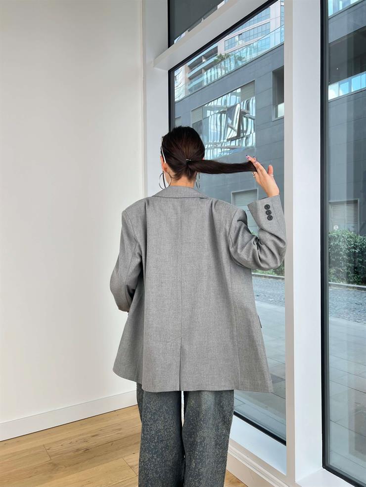 Omuz Vatkalı Önü Düğme Kapamalı Karel Gri Kadın Oversize Blazer Ceket 25K128