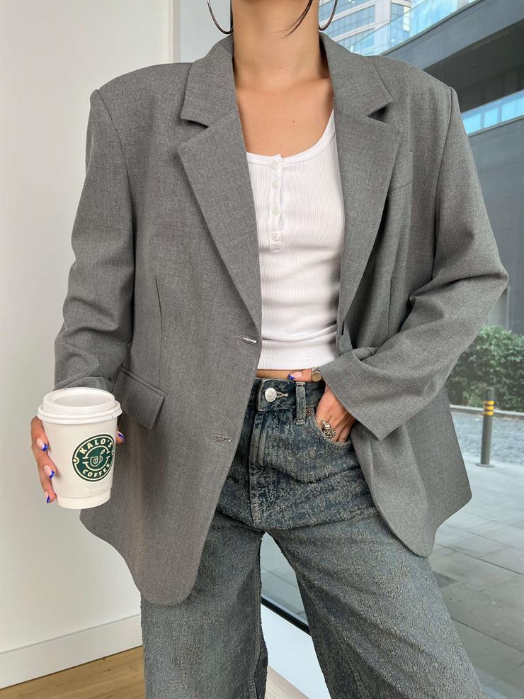 Omuz Vatkalı Önü Düğme Kapamalı Karel Gri Kadın Oversize Blazer Ceket 25K128