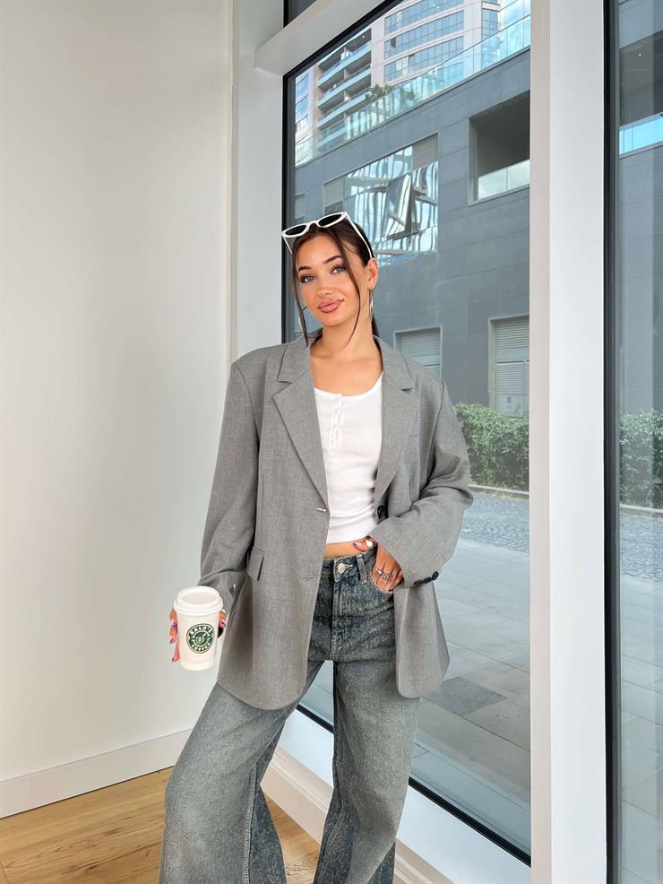 Omuz Vatkalı Önü Düğme Kapamalı Karel Gri Kadın Oversize Blazer Ceket 25K128