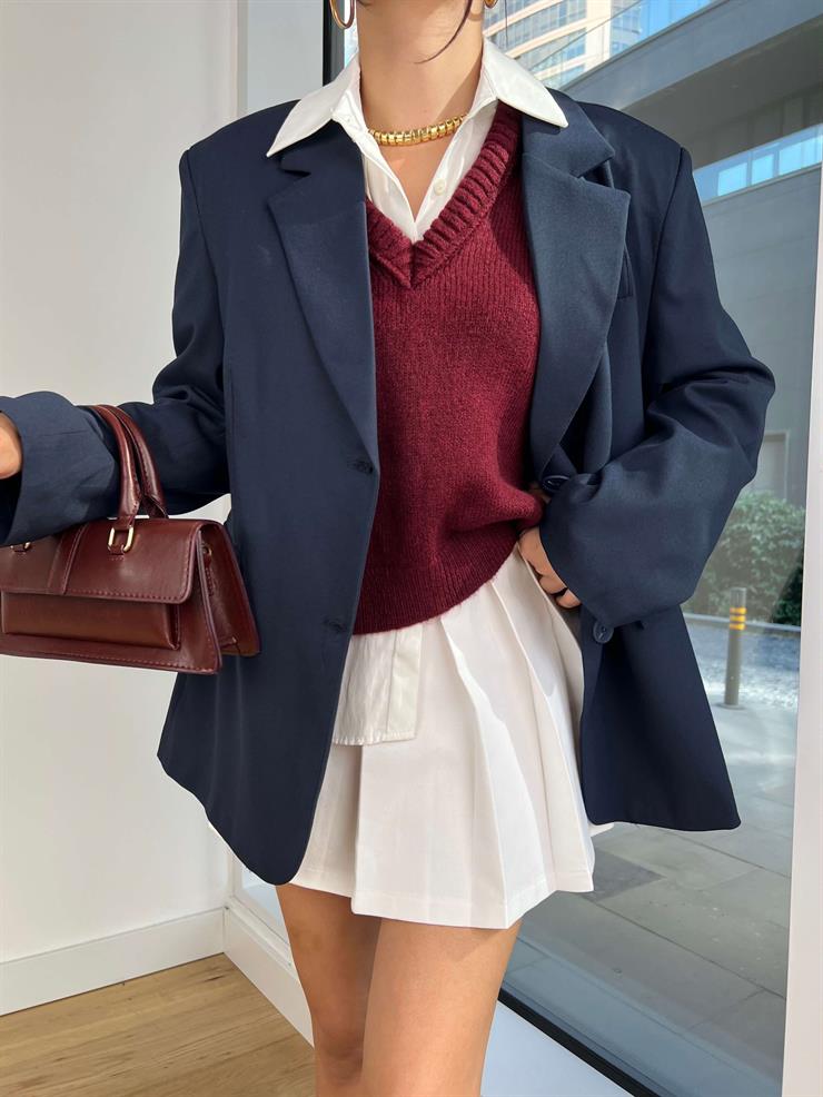 Omuz Vatkalı Önü Düğme Kapamalı Karel Lacivert Kadın Oversize Blazer Ceket 25K128