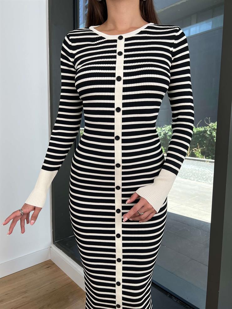 Önü Düğme Detaylı Çizgili Karl Kadın Siyah Midi Elbise 24k247